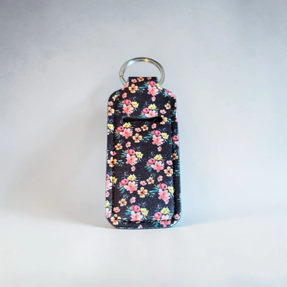 Floral Black Fabric Lip Balm/Lipstick Keychain‎ Holder